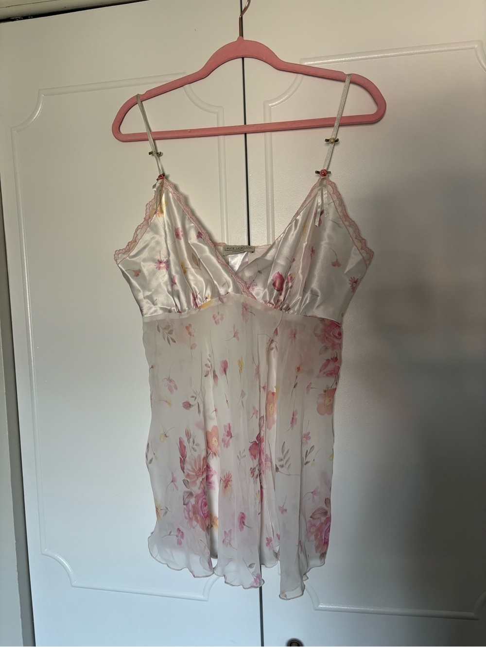 Floral Satin & Chiffon Chemise Slip in White and Pink